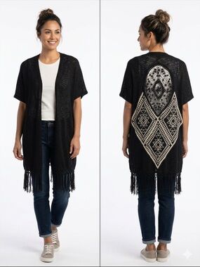 Papermoon Black Open-Front Fringe Cardigan with Cream Back Pattern